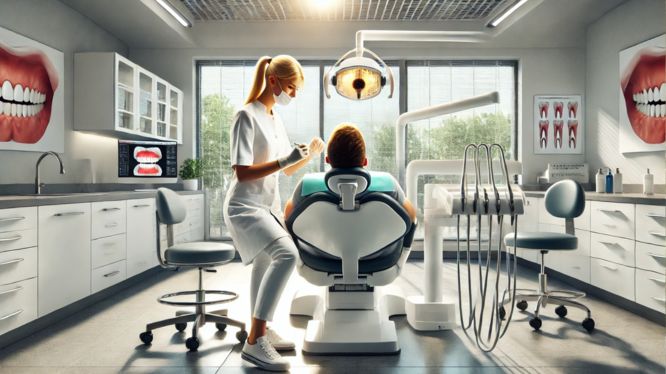 Una clínica dental moderna y bien iluminada con un diseño limpio y organizado. Una dentista con bata blanca, mascarilla y guantes atiende a un paciente sentado en un sillón odontológico reclinable. Se observan gabinetes, herramientas dentales y pantallas con imágenes de dientes en las paredes, transmitiendo un ambiente profesional y higiénico