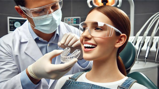 Dentista con cubrebocas, gafas de protección y guantes colocando una férula de bruxismo en la boca de una paciente sonriente. La paciente, también con gafas de protección, está sentada en un sillón dental dentro de un consultorio moderno con equipo odontológico de fondo